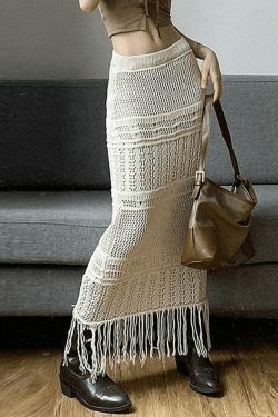Y2K Aesthetic Fringed Crochet Hollow Knit Long Skirt for Women - Coquette & Grunge Style