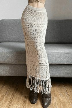 Y2K Aesthetic Fringed Crochet Hollow Knit Long Skirt for Women - Coquette & Grunge Style