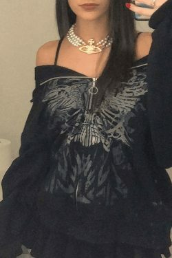 Y2K Aesthetic Front Zip Printed Hoodie - Coquette Grunge Fashion with Pastel Goth Vibes