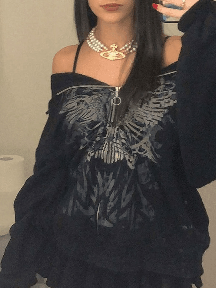 Y2K Aesthetic Front Zip Printed Hoodie - Coquette Grunge Fashion with Pastel Goth Vibes Y2K Aesthetic Front Zip Printed Hoodie - Coquette Grunge Fashion with Pastel Goth Vibes