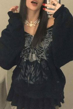Y2K Aesthetic Front Zip Printed Hoodie - Coquette Grunge Fashion with Pastel Goth Vibes