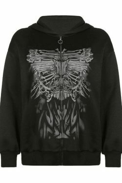 Y2K Aesthetic Front Zip Printed Hoodie - Coquette Grunge Fashion with Pastel Goth Vibes