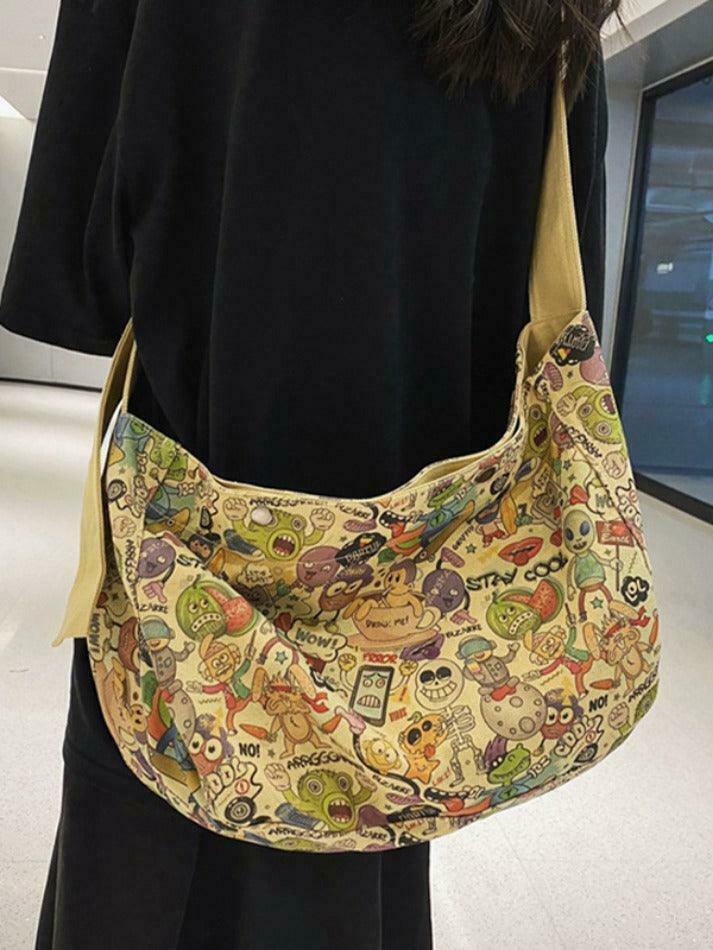 Y2K Aesthetic Funny Print Crossbody Bag - Coquette & Grunge Style, Cute Tops, Cargo Skirt