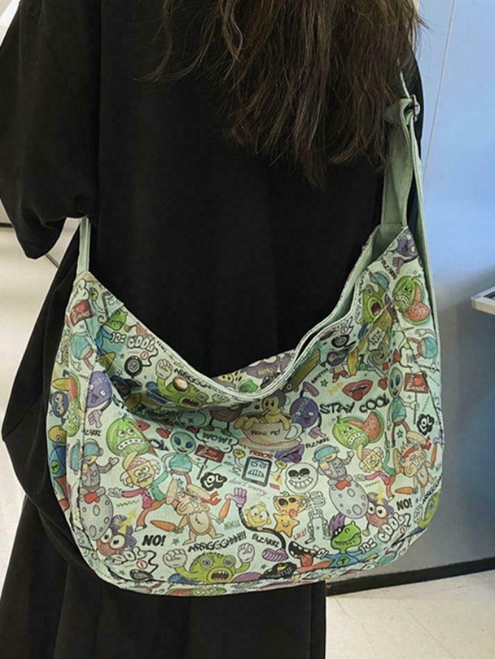 Y2K Aesthetic Funny Print Crossbody Bag - Coquette & Grunge Style, Cute Tops, Cargo Skirt