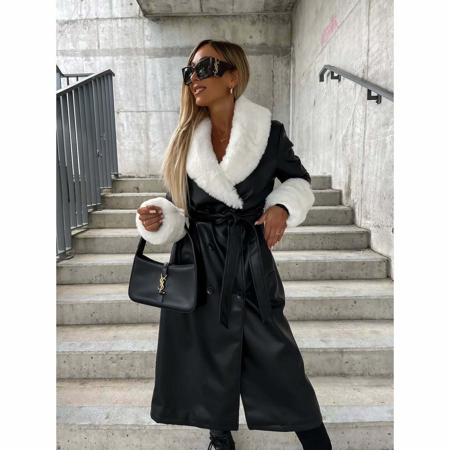 Y2K Aesthetic Fur Collar PU Leather Long Coat - Coquette Style Grunge Fashion Women's Outerwear