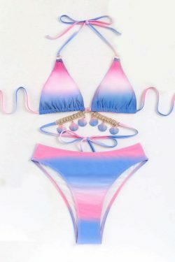 Y2K Aesthetic Gradient Shell Bikini with Crystal Diamond Detail