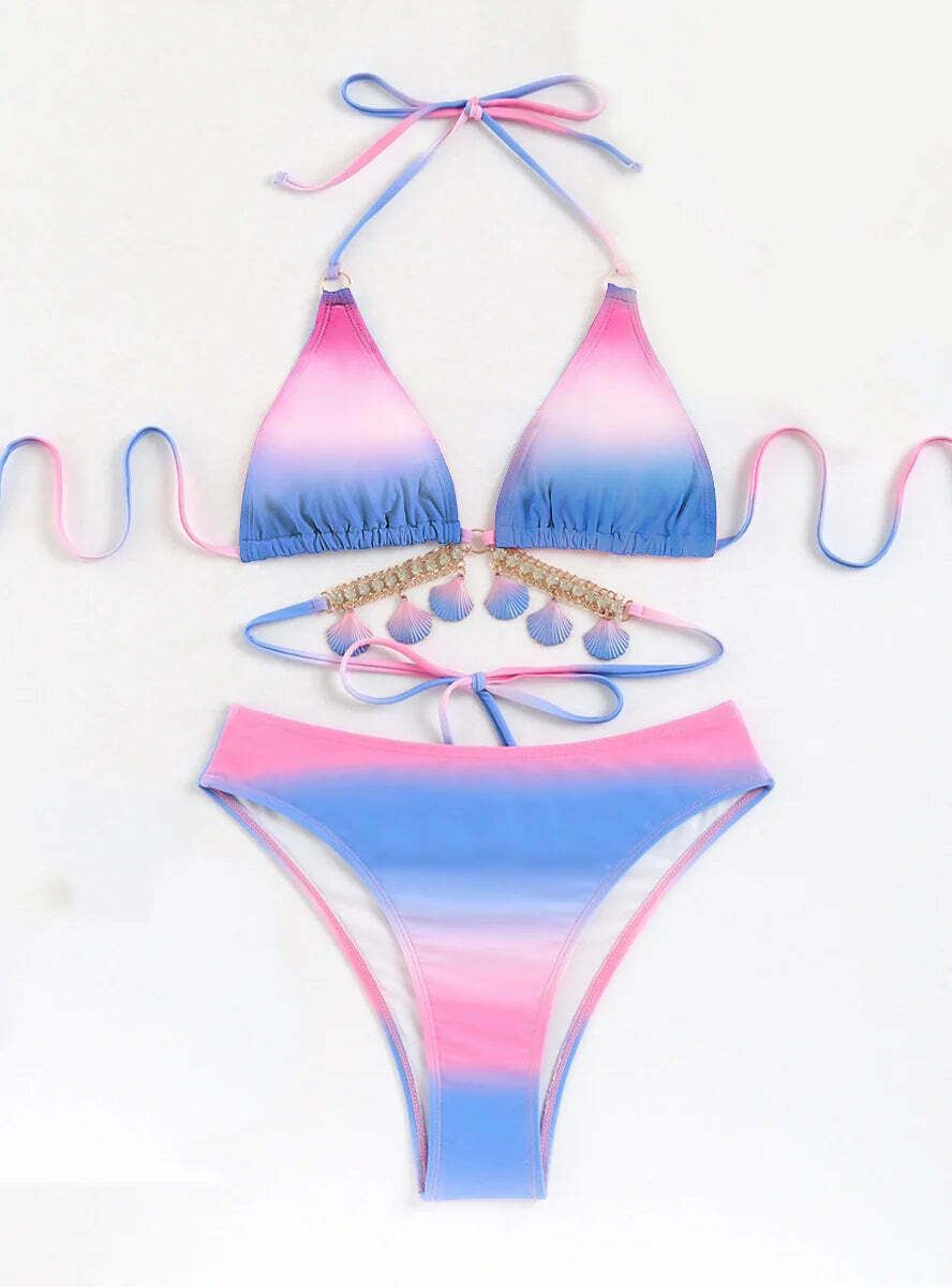 Y2K Aesthetic Gradient Shell Bikini with Crystal Diamond Detail Y2K Aesthetic Gradient Shell Bikini with Crystal Diamond Detail