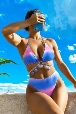Y2K Aesthetic Gradient Shell Bikini with Crystal Diamond Detail
