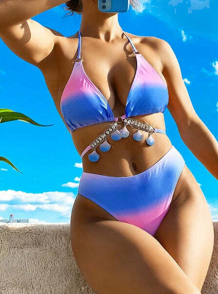 Y2K Aesthetic Gradient Shell Bikini with Crystal Diamond Detail Y2K Aesthetic Gradient Shell Bikini with Crystal Diamond Detail