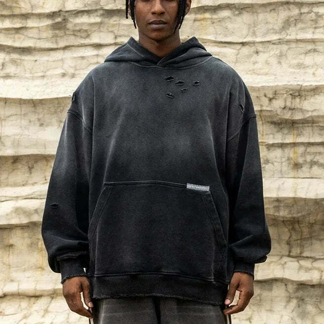 Y2K Aesthetic Gradient Washed Ripped Hoodie - Coquette Fashion for Women Y2K Aesthetic Gradient Washed Ripped Hoodie - Coquette Fashion for Women