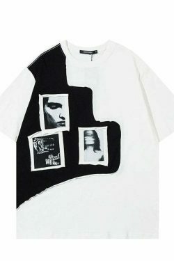 Y2K Aesthetic Graphic Patchwork T-Shirt - Coquette & Grunge Style Tops