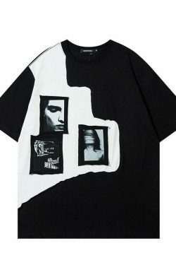 Y2K Aesthetic Graphic Patchwork T-Shirt - Coquette & Grunge Style Tops