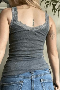 Y2K Aesthetic Gray Tank Top with Lace Trim - Coquette Style Women's Fashion