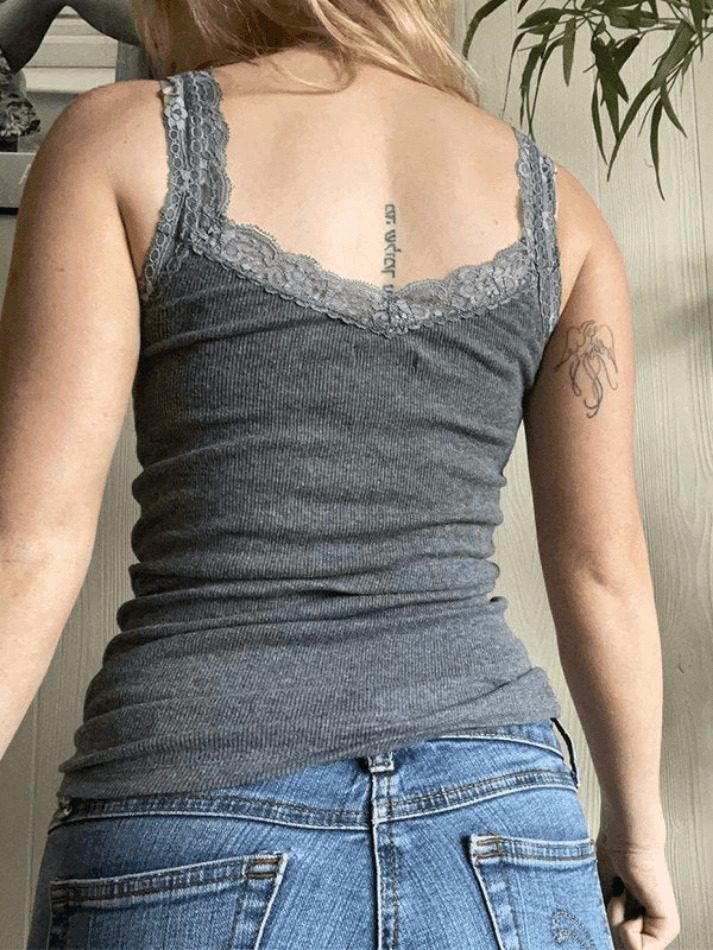 Y2K Aesthetic Gray Tank Top with Lace Trim - Coquette Style Women's Fashion Y2K Aesthetic Gray Tank Top with Lace Trim - Coquette Style Women's Fashion