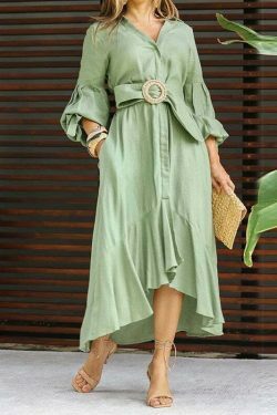 Y2K Aesthetic Green Cargo Skirt Dress with V-Neck and Long Sleeves - Coquette Style for Women
