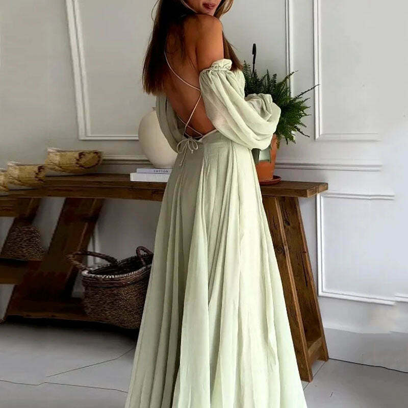 Y2K Aesthetic Green Dress: Sexy Suspender Backless Long-Sleeved Outfit for Women