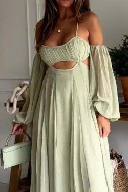 Y2K Aesthetic Green Dress: Sexy Suspender Backless Long-Sleeved Outfit for Women