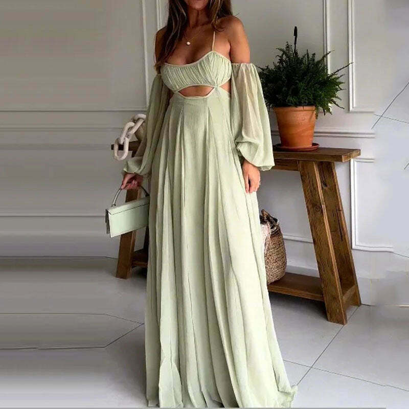 Y2K Aesthetic Green Dress: Sexy Suspender Backless Long-Sleeved Outfit for Women