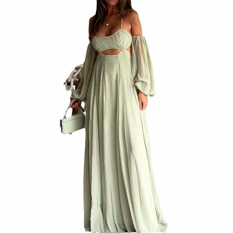 Y2K Aesthetic Green Dress: Sexy Suspender Backless Long-Sleeved Outfit for Women