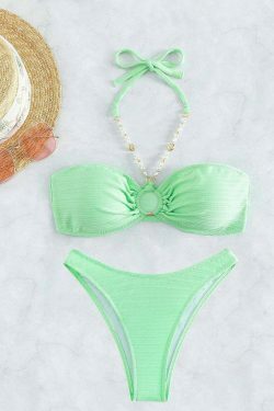 Y2K Aesthetic Green Strap Halter Swimsuit - Coquette Style for Women