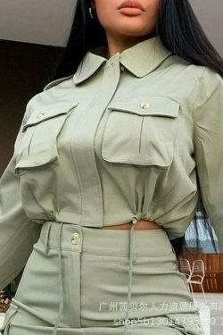 Y2K Aesthetic Green Suit: Coquette Style Pockets Shirt + Skirt Set for Women - Niche Fashion