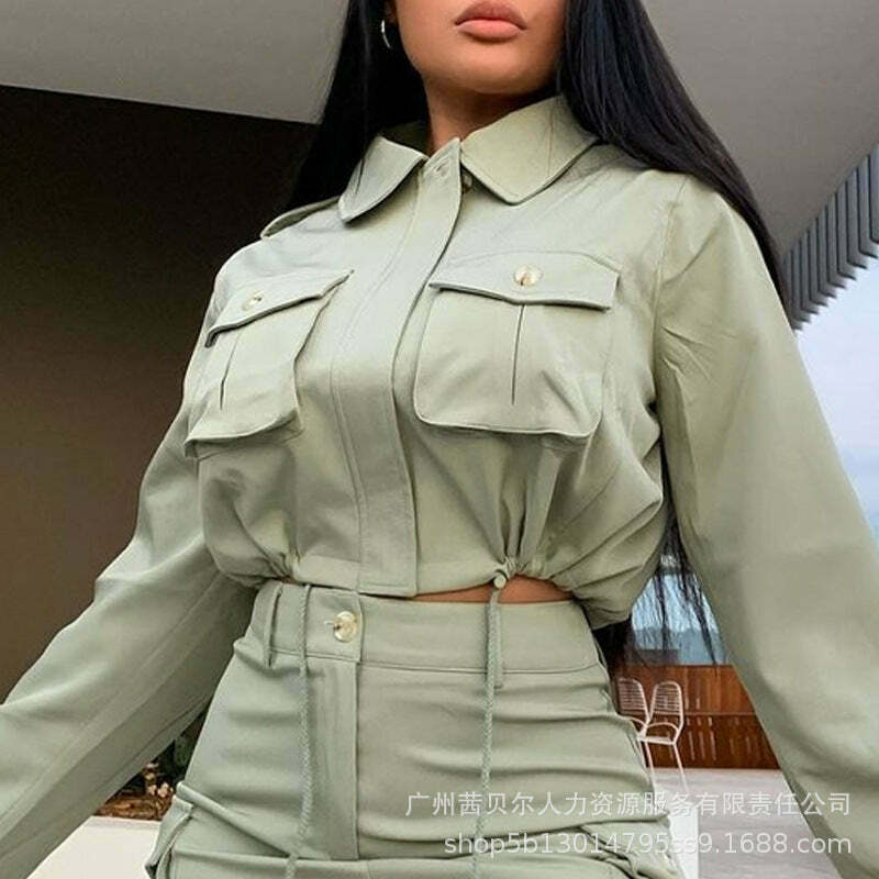 Y2K Aesthetic Green Suit: Coquette Style Pockets Shirt + Skirt Set for Women - Niche Fashion
