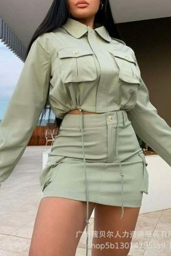 Y2K Aesthetic Green Suit: Coquette Style Pockets Shirt + Skirt Set for Women - Niche Fashion