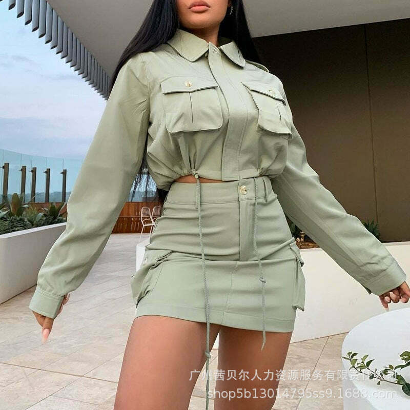Y2K Aesthetic Green Suit: Coquette Style Pockets Shirt + Skirt Set for Women - Niche Fashion