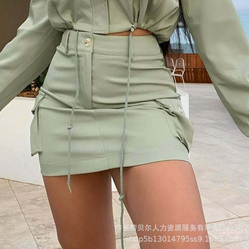 Y2K Aesthetic Green Suit: Coquette Style Pockets Shirt + Skirt Set for Women - Niche Fashion