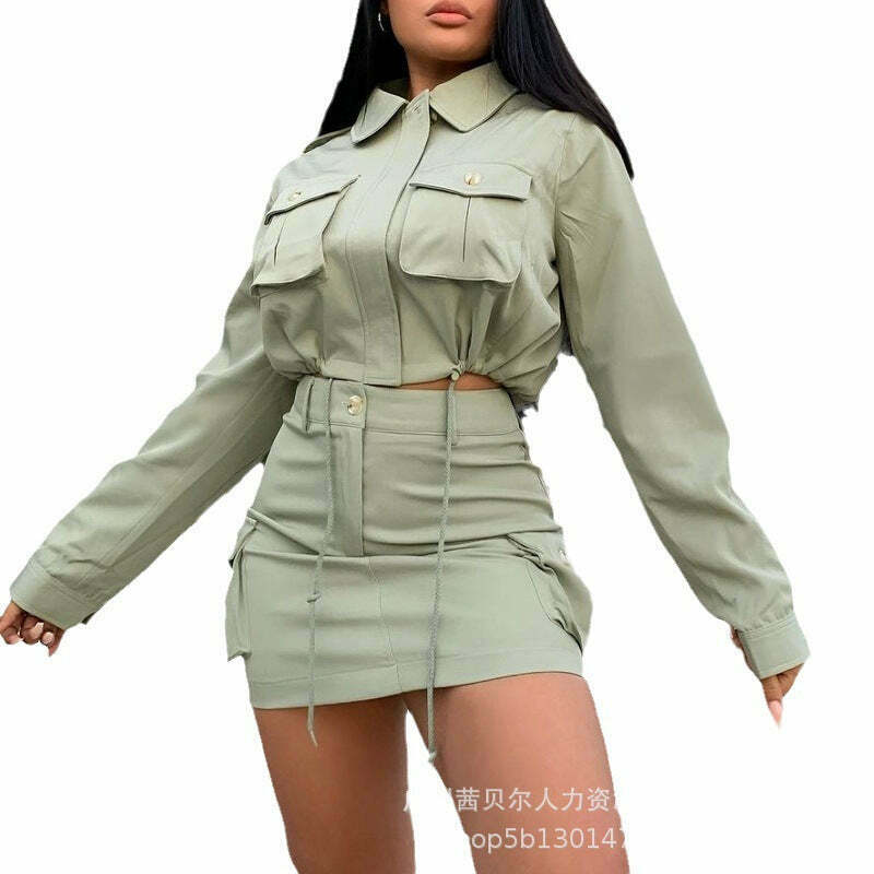 Y2K Aesthetic Green Suit: Coquette Style Pockets Shirt + Skirt Set for Women - Niche Fashion