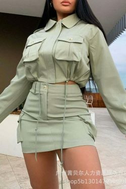 Y2K Aesthetic Green Suit: Coquette Style Pockets Shirt + Skirt Set for Women - Niche Fashion