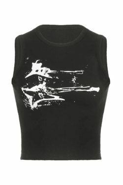Y2K Aesthetic Guitar Ribbed Cropped Tank - Coquette Grunge Pastel Goth