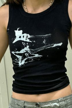 Y2K Aesthetic Guitar Ribbed Cropped Tank - Coquette Grunge Pastel Goth