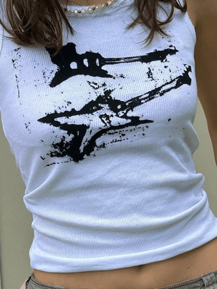 Y2K Aesthetic Guitar Ribbed Cropped Tank - Coquette Grunge Pastel Goth Y2K Aesthetic Guitar Ribbed Cropped Tank - Coquette Grunge Pastel Goth