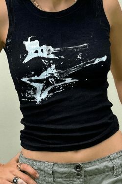 Y2K Aesthetic Guitar Ribbed Cropped Tank - Coquette Grunge Pastel Goth