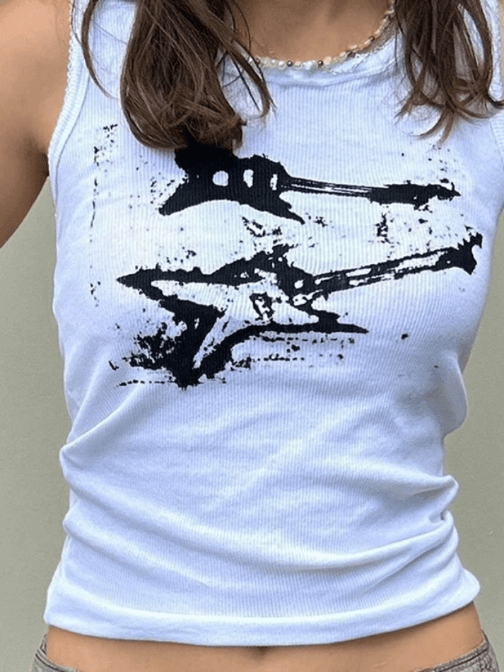 Y2K Aesthetic Guitar Ribbed Cropped Tank - Coquette Grunge Pastel Goth Y2K Aesthetic Guitar Ribbed Cropped Tank - Coquette Grunge Pastel Goth