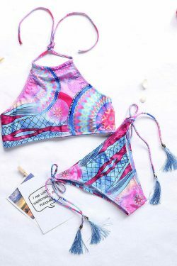 Y2K Aesthetic Halter Bikini with Scoop Back and Tassel Detail - Sexy Printed Swimsuit