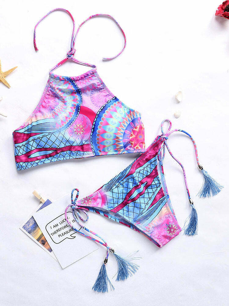 Y2K Aesthetic Halter Bikini with Scoop Back and Tassel Detail - Sexy Printed Swimsuit Y2K Aesthetic Halter Bikini with Scoop Back and Tassel Detail - Sexy Printed Swimsuit