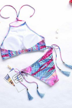 Y2K Aesthetic Halter Bikini with Scoop Back and Tassel Detail - Sexy Printed Swimsuit