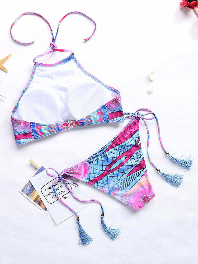 Y2K Aesthetic Halter Bikini with Scoop Back and Tassel Detail - Sexy Printed Swimsuit Y2K Aesthetic Halter Bikini with Scoop Back and Tassel Detail - Sexy Printed Swimsuit