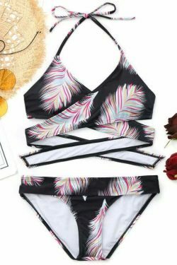 Y2K Aesthetic Halter Feather Print Wrap Bikini - Trendy Women's Fashion