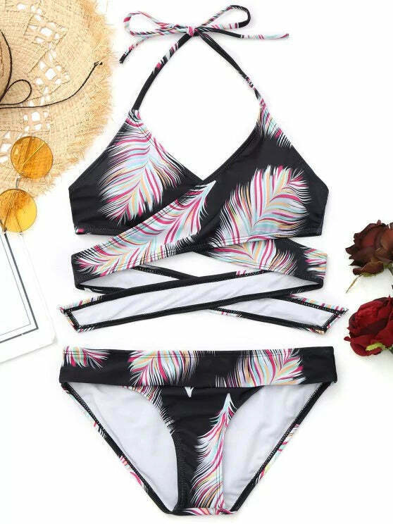 Y2K Aesthetic Halter Feather Print Wrap Bikini - Trendy Women's Fashion Y2K Aesthetic Halter Feather Print Wrap Bikini - Trendy Women's Fashion