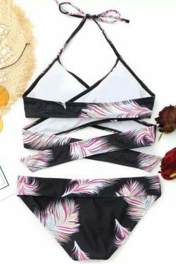 Y2K Aesthetic Halter Feather Print Wrap Bikini - Trendy Women's Fashion