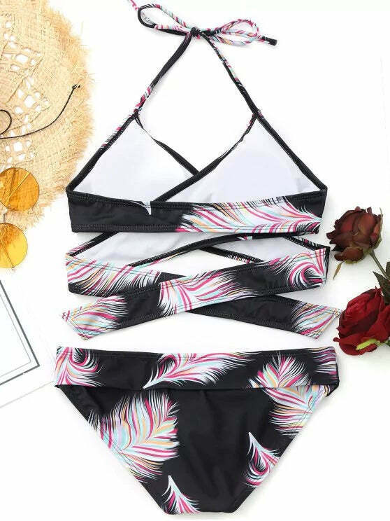 Y2K Aesthetic Halter Feather Print Wrap Bikini - Trendy Women's Fashion Y2K Aesthetic Halter Feather Print Wrap Bikini - Trendy Women's Fashion