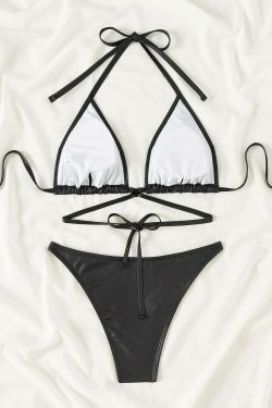 Y2K Aesthetic Halter Pleated Beach Bikini - Coquette Grunge Style