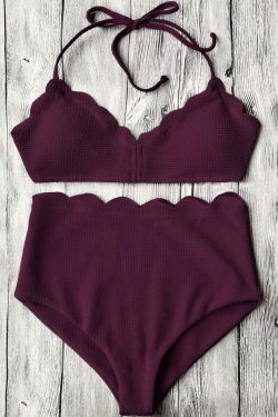 Y2K Aesthetic Halter Scalloped Bikini Set - Coquette Style High Waisted Swimwear