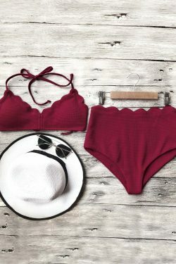 Y2K Aesthetic Halter Scalloped Bikini Set - Coquette Style High Waisted Swimwear