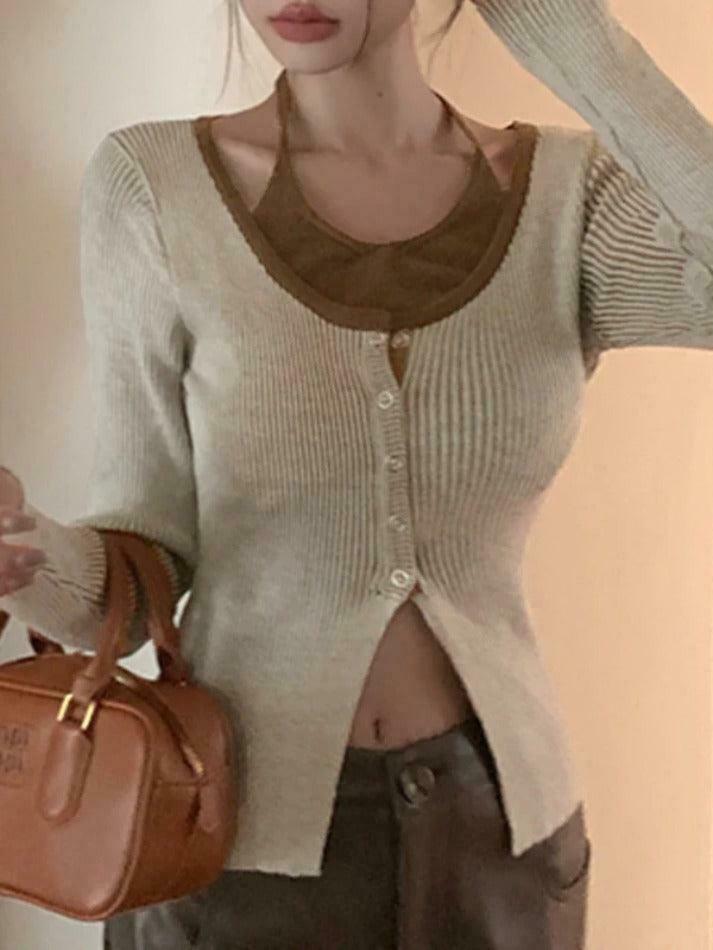 Y2K Aesthetic Halter Slit Cropped Knit Top - Coquette & Grunge Style, Cute & Y2K Aesthetic Halter Slit Cropped Knit Top - Coquette & Grunge Style, Cute &