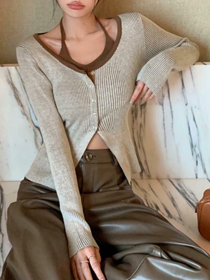 Y2K Aesthetic Halter Slit Cropped Knit Top - Coquette & Grunge Style, Cute & Y2K Aesthetic Halter Slit Cropped Knit Top - Coquette & Grunge Style, Cute &