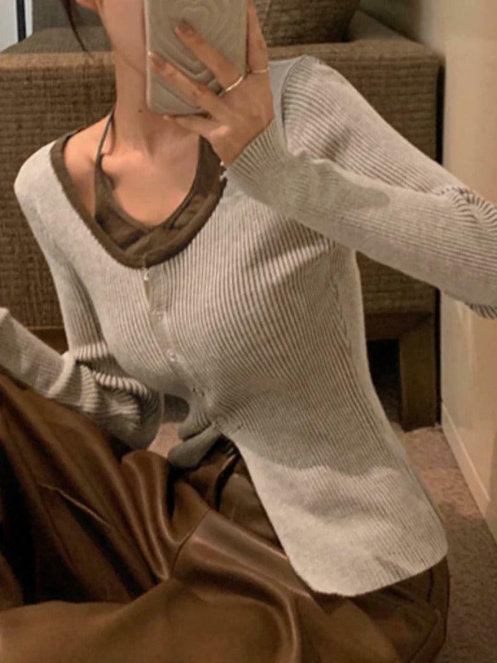 Y2K Aesthetic Halter Slit Cropped Knit Top - Coquette & Grunge Style, Cute & Y2K Aesthetic Halter Slit Cropped Knit Top - Coquette & Grunge Style, Cute &